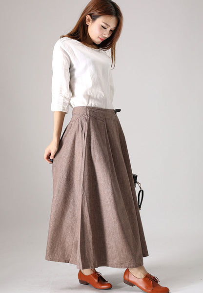 Casual Brown Pleated Linen Maxi Skirt – Handmade Long Flowy Skirt | Xiaolizi 854
