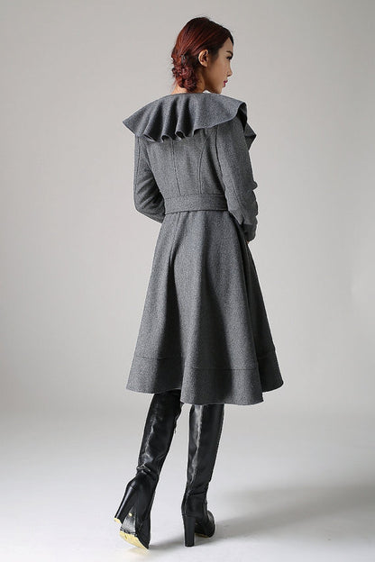 Wool Blend Ruffled Coat – Vintage Belted Lantern Sleeve Winter Jacket 1075