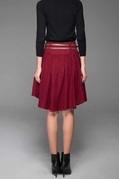 Red Wool Knee-Length Skirt - Pleated Waist & Asymmetrical Hemline 1427