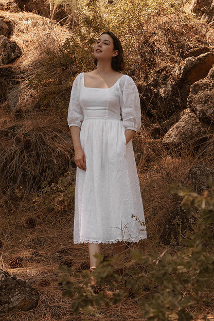 White Linen Midi Dress - Vintage Fit and Flare with Scoop Neck 2740