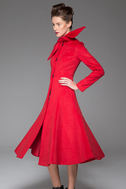 Red Women's Coat - Long Elegant Sleek Simple Fitted Smart Tailored Winter Designer Coat with Scarf Collar & Concealed Closure 1408