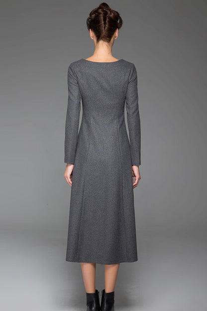 Gray Wool Maxi Dress - Slim Fit with Black Stitching Detail 1442