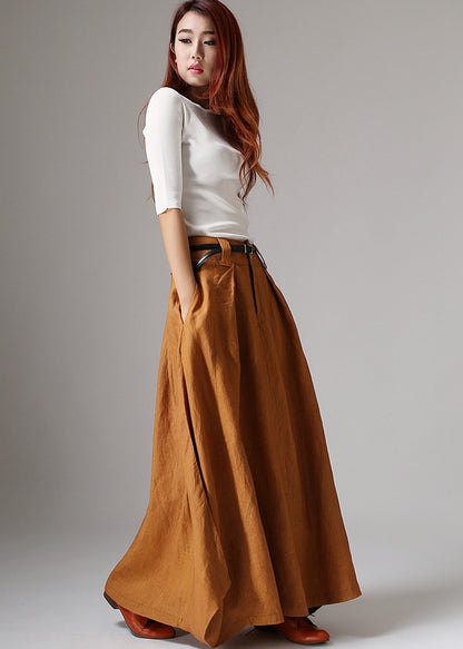 Women’s Handmade Linen Maxi Skirt – Brown Asymmetrical Bohemian Skirt | Xiaolizi 1042