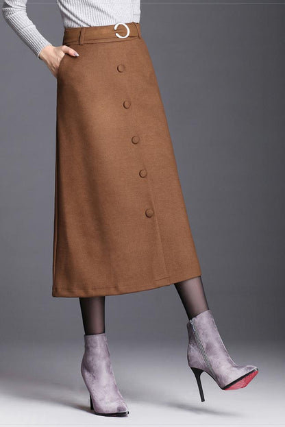 Black Polyester A-Line Midi Skirt - High Waist Winter Elegance S028