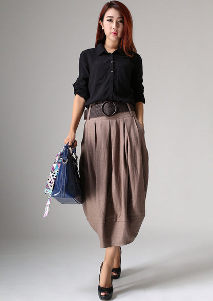 Linen Pleated Bubble Skirt – Vintage Inspired Midi Skirt with Waistband 1032