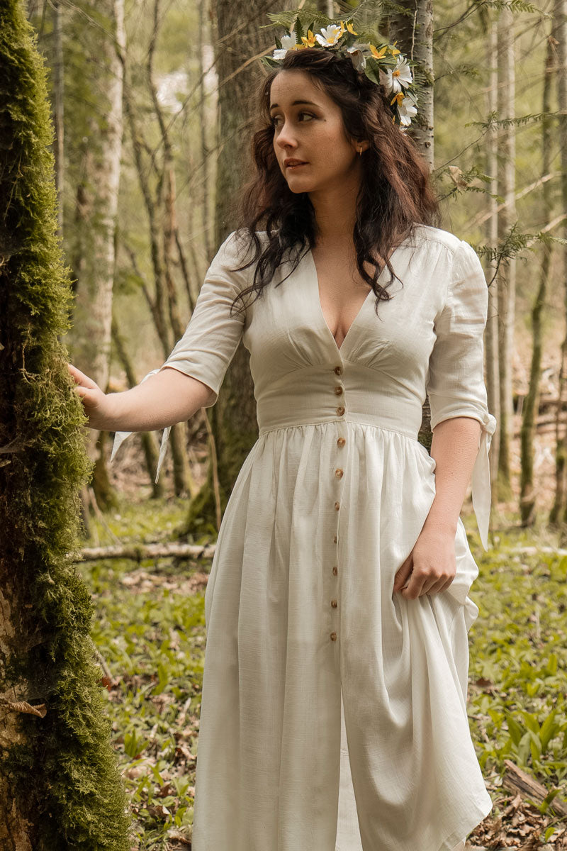 White Linen Cotton Midi Dress | Deep V-Neck, Lined & Boho