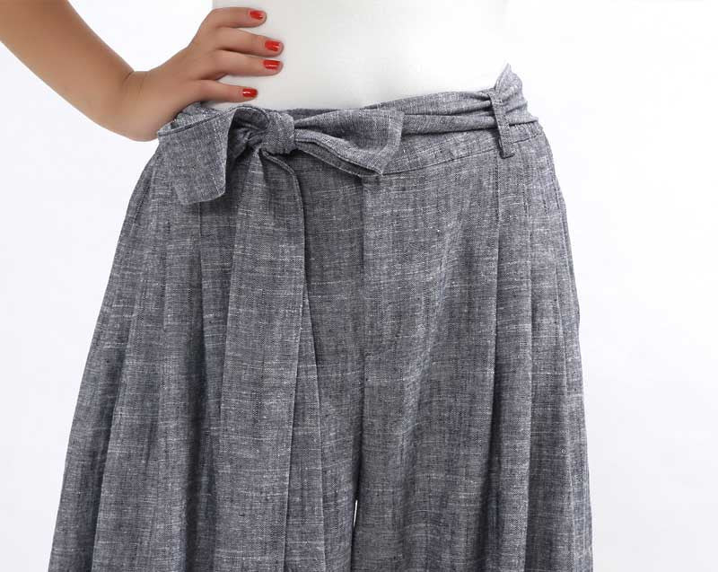 Wide Leg Pants - Gray Linen palazzo Pants with self tie belt 308