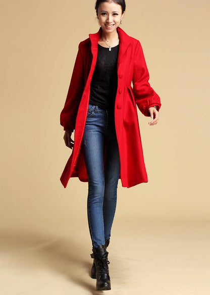 Red Wool Coat - Fit and Flare Winter Jacket with Button Front 328