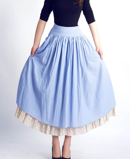 Handmade Blue Linen Cotton Skirt – Vintage Layered A-Line Maxi Skirt with Pockets | Xiaolizi 0045
