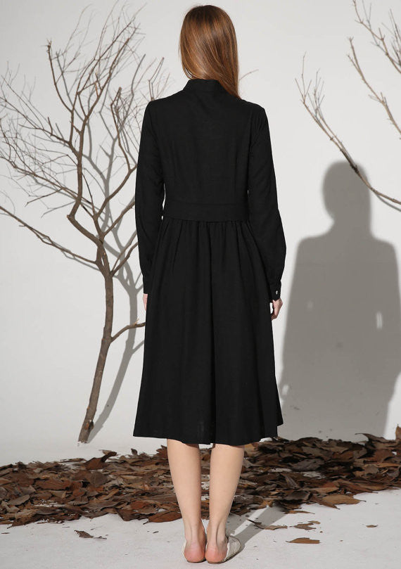 black midi shirt dress Black Linen Midi Shirt Dress with Pleated Front Detail – Xiaolizi