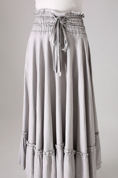 Gray Linen Maxi Skirt - Ruffle Detail Flowy Silhouette 849