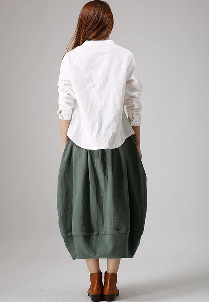 Green Linen Bubble Skirt - Pleated Midi with Pockets 870