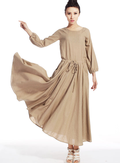 Khaki Linen Cotton Dress - Drawstring Waist Midi | Xiaolizi 515