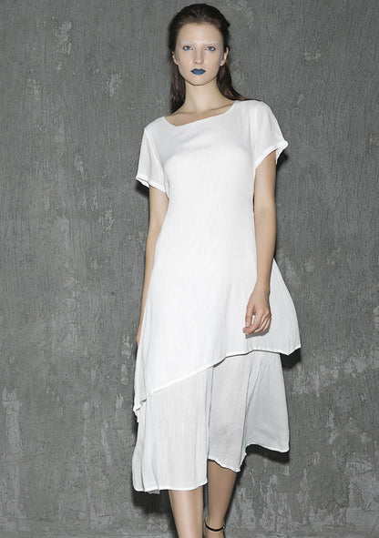 White Linen Maxi Dress - Layered Soft Round Neck 1309