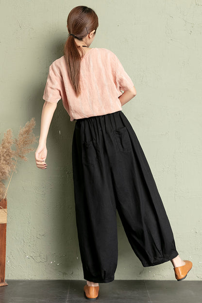 Linen Wide Leg Pants Women - High Waist Elastic | Xiaolizi 3406