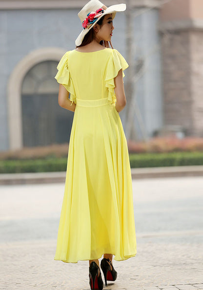 Yellow Chiffon Maxi Dress - Flowy Sleeve Fitted Waist 919