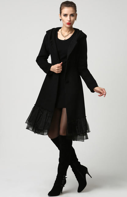 Black Wool Coat – Women’s Vintage Hooded Winter Coat with Tulle Hem 1115