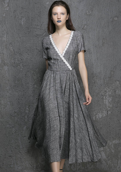 Grey Linen Midi Dress - Fit and Flare with White Lace Trim 1319