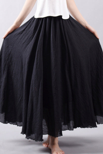 Black Linen Cotton Maxi Skirt - Elastic Waist, Flowy Full Swing 2718