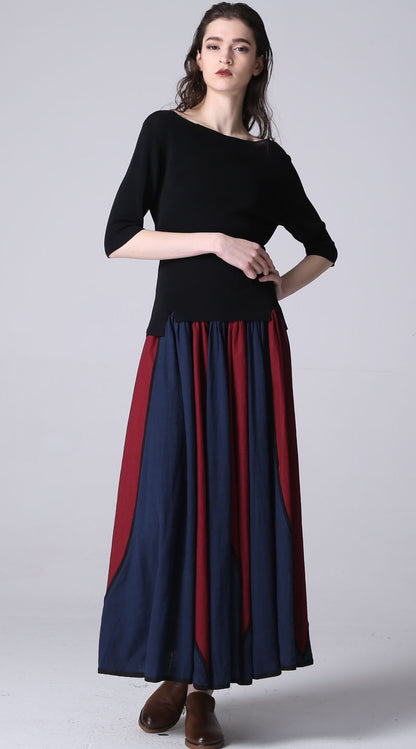 Royal Blue Red Patchwork Linen Maxi Skirt - Elastic Waist | Xiaolizi 1198