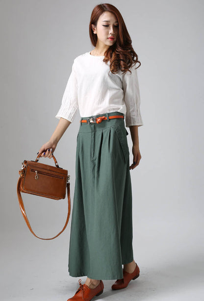 Green Linen Cotton Blend Long Pleated Skirt - Ankle Length with Pockets 813