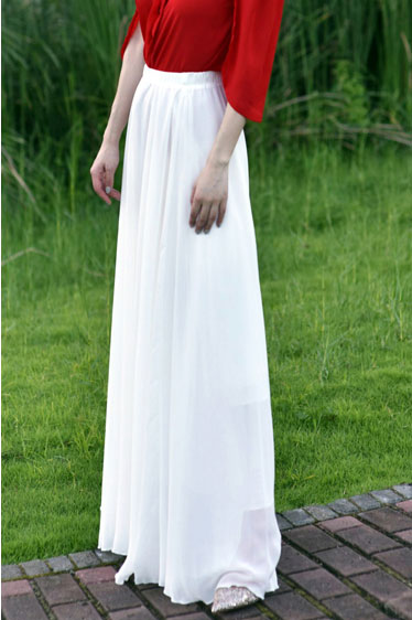 White Chiffon Long Swing Skirt - High Waist Elastic Closure 2946
