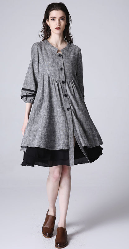 Grey Linen Blend Shirt Dress - Flowy Bishop Sleeves 1190
