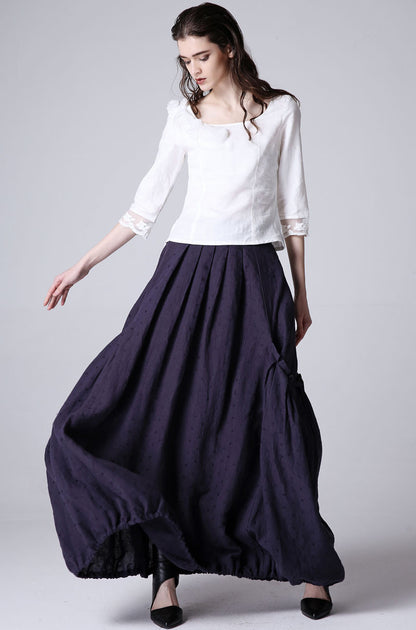 Navy Linen Maxi Skirt - Pleated with Pockets 1191