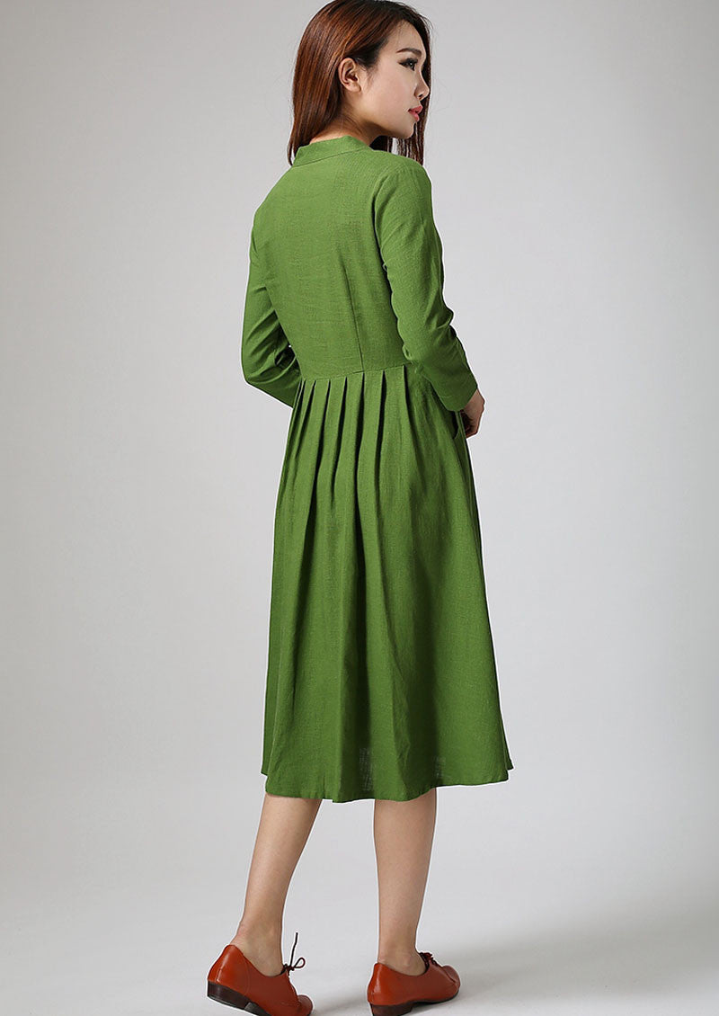 Green linen dress woman knee length dress casual long dress 0891# Xiaolizi Green linen dress woman knee length dress casual long dress 0891# Xiaolizi
