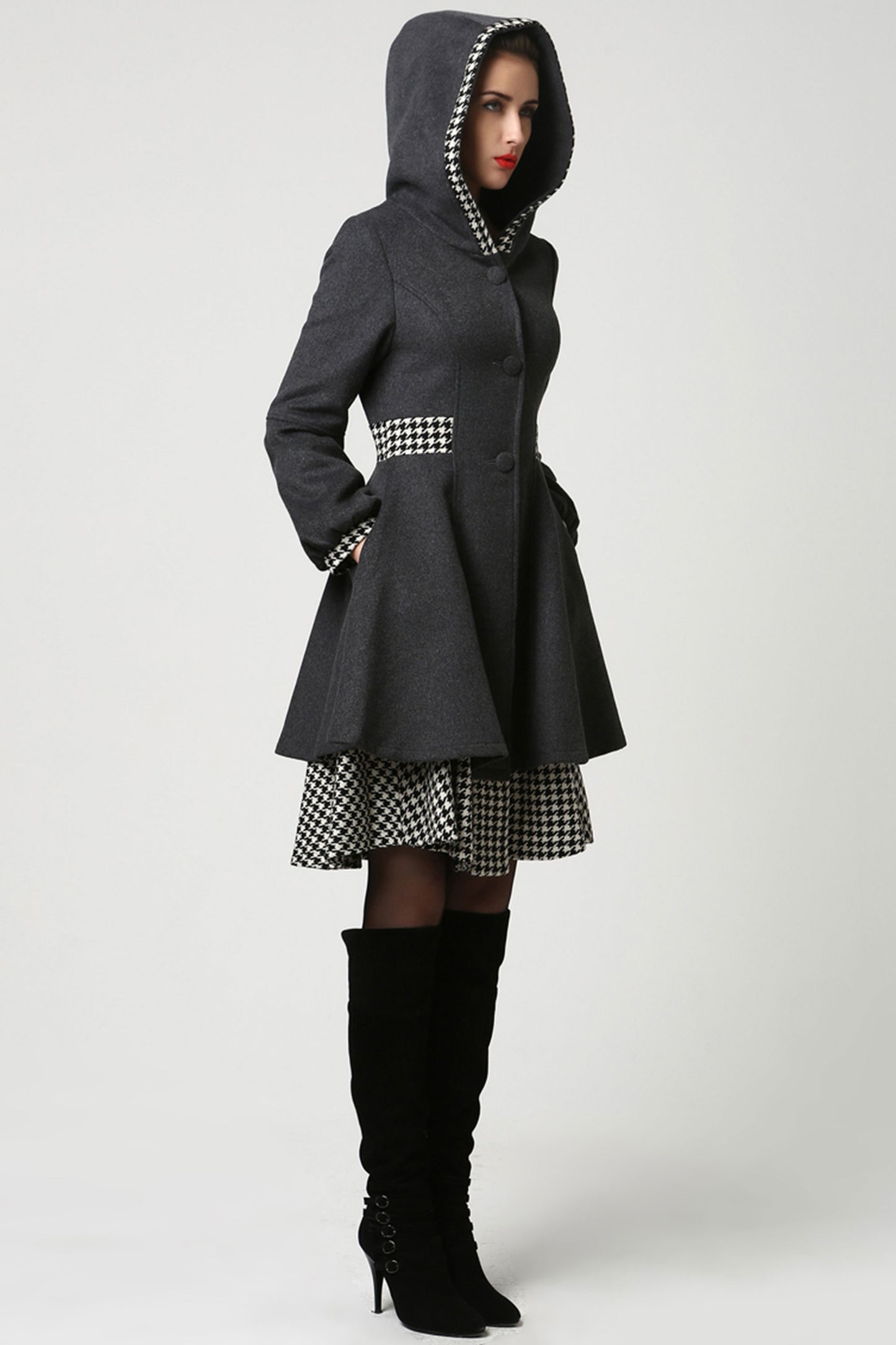 Dark Grey Wool and Houndstooth Fabric Midi Coat with Hood 1113