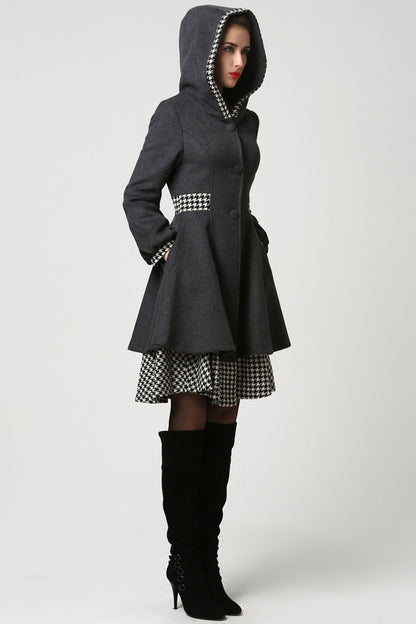 Dark Grey Wool Hooded Coat with Houndstooth Trim – Vintage Fit & Flare Winter Jacket 1113