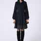Womens Mid-Length Winter Jacket - Navy Blue Midi Swing & Layered Wool Coat with Contrasting Hemline Detail (1059)