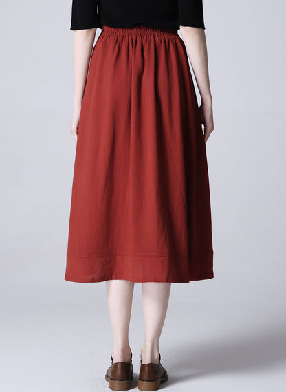 Wine Red Linen Midi Skirt - Casual A-Line with Decorative Buttons 1196