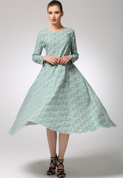 Floral Linen Maxi Dress - A-Line Silhouette with Long Sleeves 1244