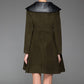 Woman's Swing Coat - Army Green Fit and Flare Short Winter Jacket with Leather Collar Lapels & Self-Tie Waist (1414)