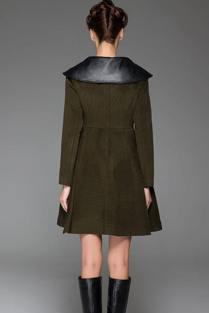 Vintage Wool Coat for Women – Handmade Olive Green Short Belted Winter Coat with Leather Lapel | Xiaolizi 1414