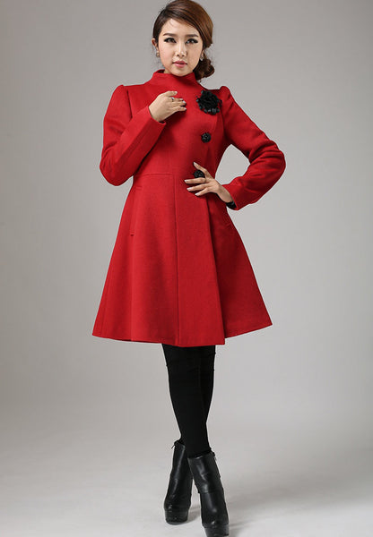 Red Wool Winter Coat – Vintage Fit and Flare Asymmetric Button Overcoat 734