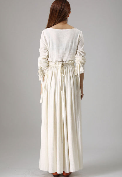 Handmade Linen Maxi Dress – Elegant White Pleated Long Dress for Bridesmaids or Prom 838