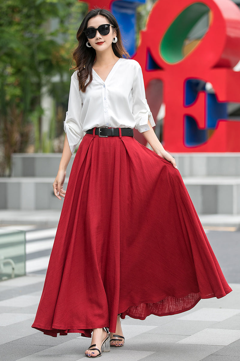 High Waisted Flared A Line Swing Red Maxi Skirt 3537