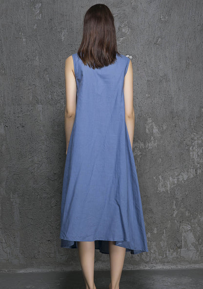 Blue Linen Maxi Dress - Sleeveless Flowing Summer Style 1329