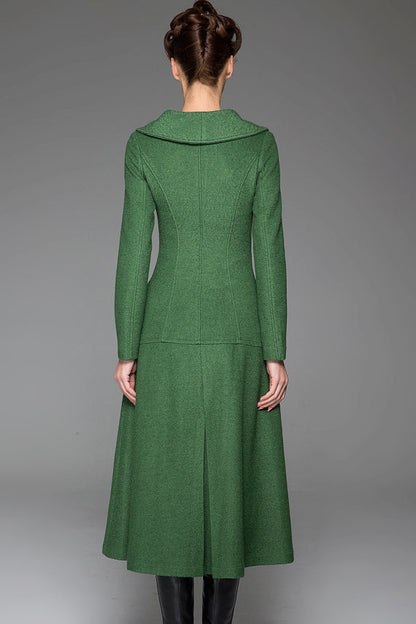 Green Wool Coat – Vintage Single-Breasted Long Winter Overcoat for Women 1413