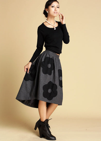 Grey Wool Blend Hi-Lo Skirt - Appliqué Detail | Xiaolizi 350
