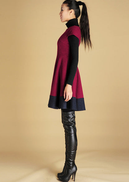 Burgundy Wool Mini Dress - Fit-and-Flare Silhouette with Color Block 427