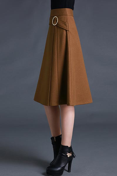 Brown Wool A-Line Skirt - Natural Waist, Irregular Hem S023