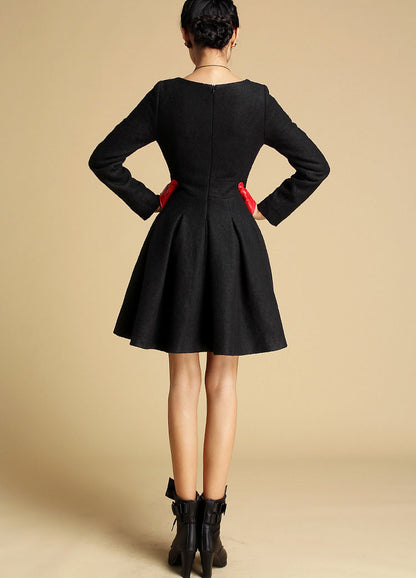 Black wool winter mini dress 0352#