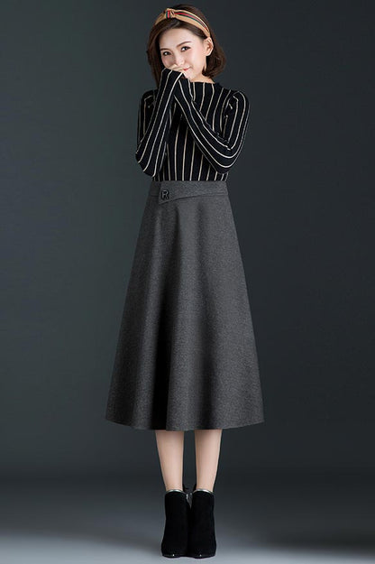 Gray Polyester Mid Calf A-Line Skirt - High Waist Winter Style CYM318