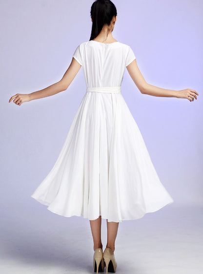 White Chiffon Maxi Dress - Cap Sleeve Cinched Waist | Xiaolizi 627