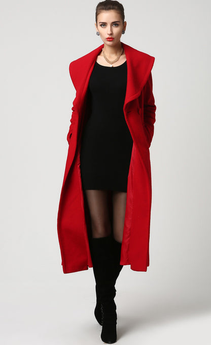 Red Wool Midi Coat – Double Breasted Winter Coat with Shawl Collar 1116