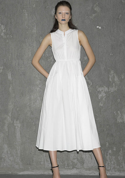White Cotton Sleeveless Midi Dress - Elastic Waist with Front Buttons 1302