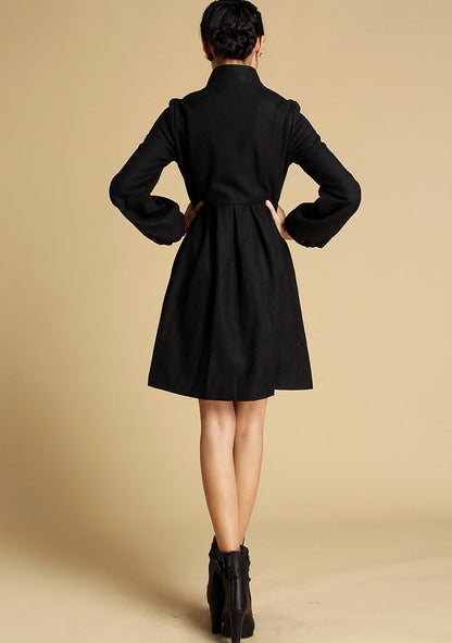 Black Wool Blend Fit-and-Flare Coat - Midi A-Line | Xiaolizi 354